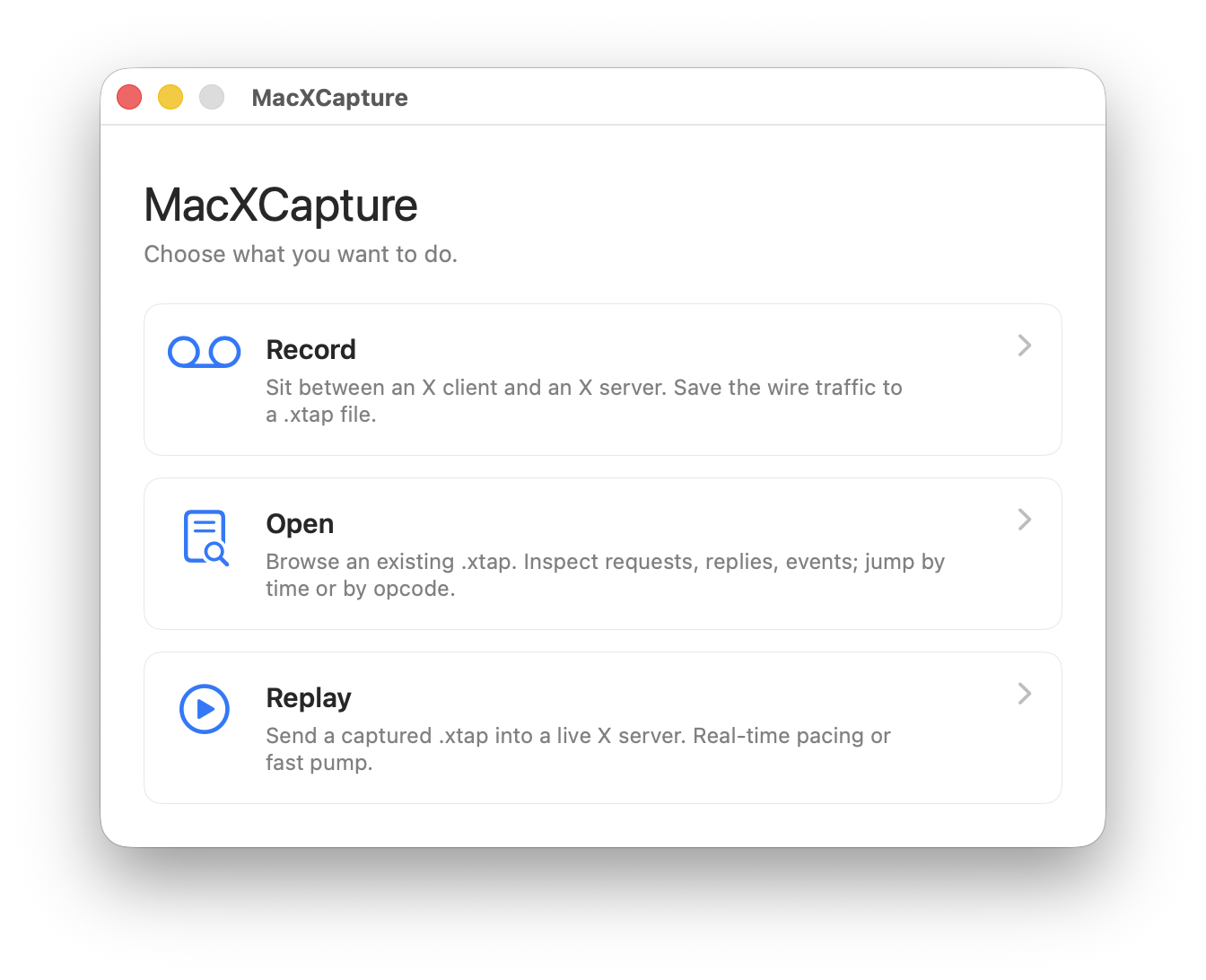 The macXcapture main menu